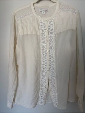 Coldwater Creek Cream Crochet Lace Front ButtonUp Silk Cotton Top Cottagecore XL